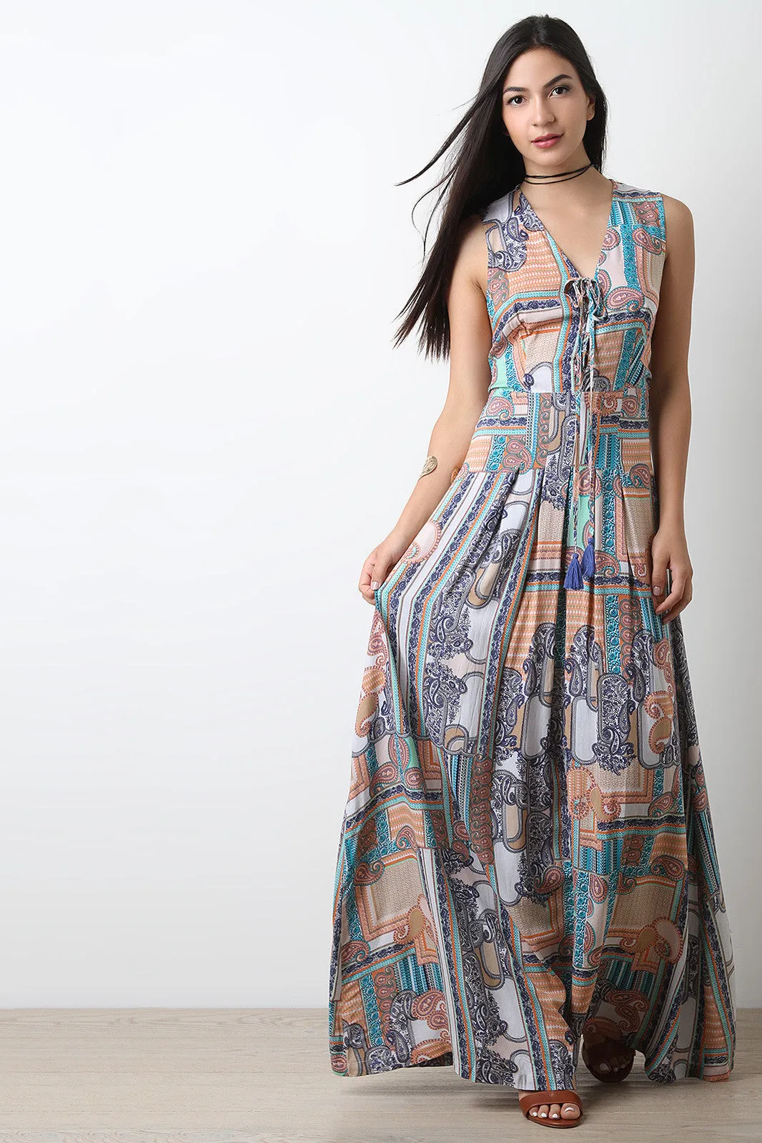 Bohemian Paisley Lace-Up Maxi Dress