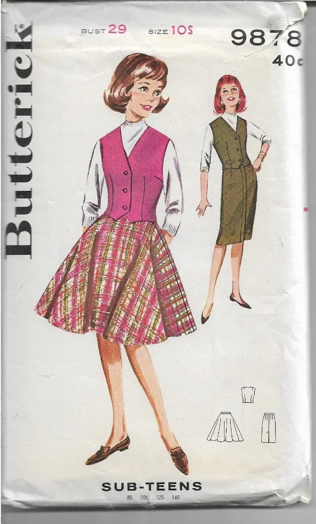 Butterick 9878 Sub Teen Skirt Weskit Vintage Sewing Pattern 1960's