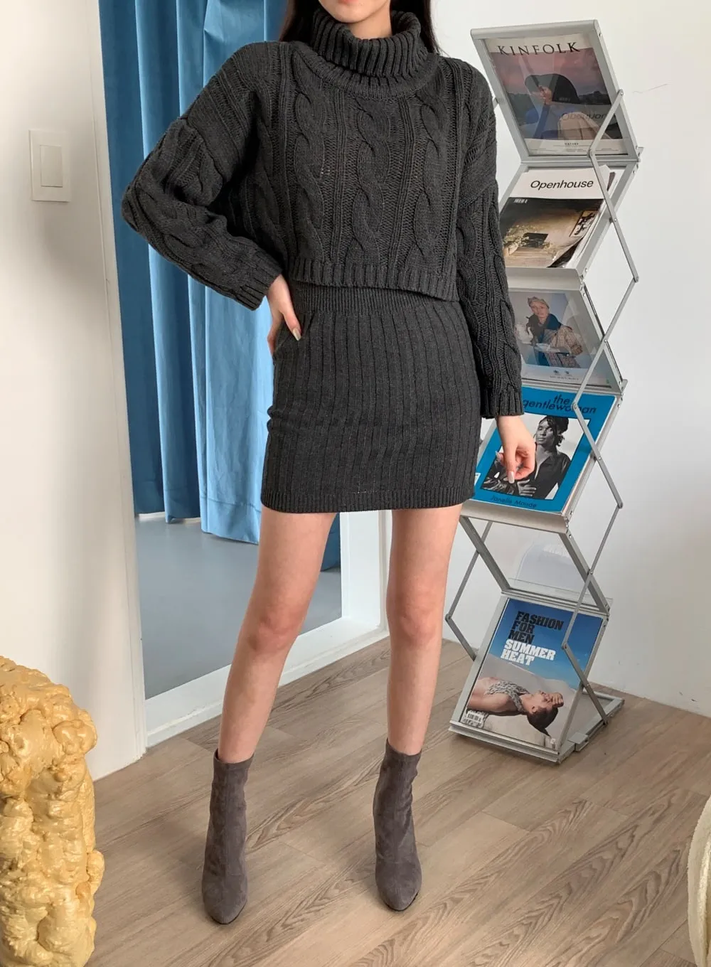 Cable Knit Turtleneck Top and Mini Skirt Set J31