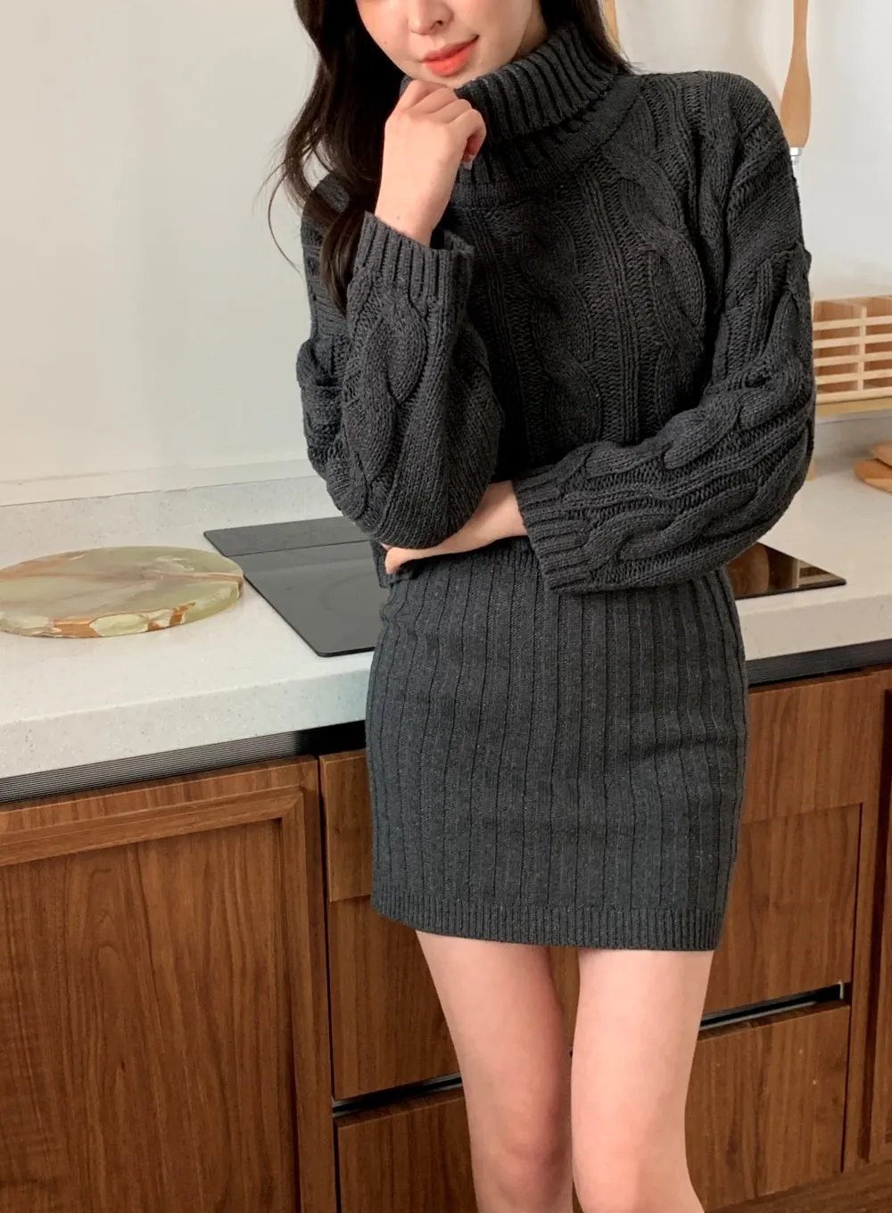 Cable Knit Turtleneck Top and Mini Skirt Set J31