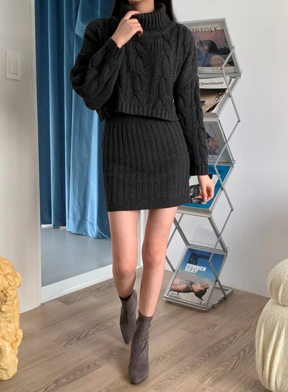 Cable Knit Turtleneck Top and Mini Skirt Set J31