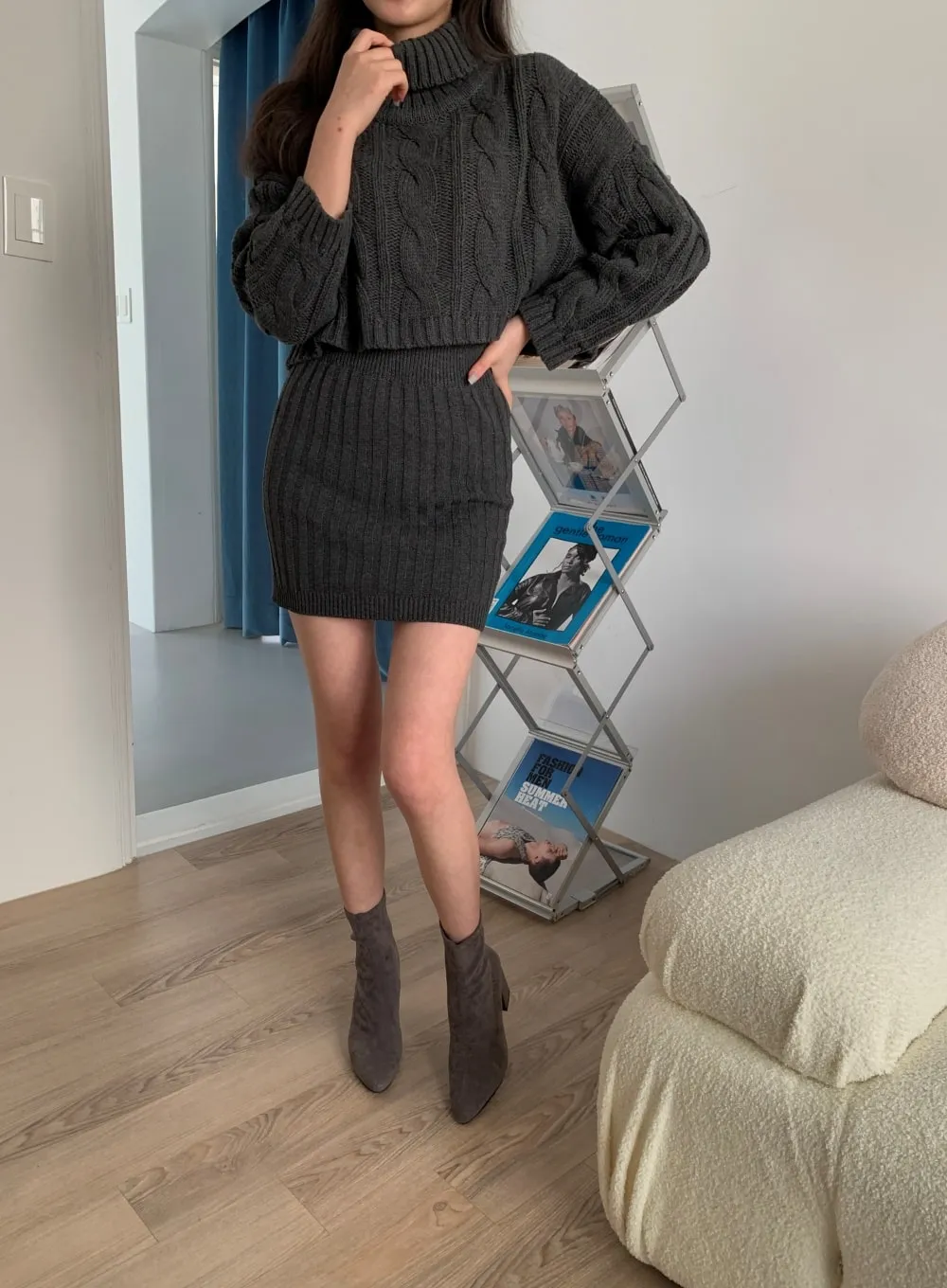 Cable Knit Turtleneck Top and Mini Skirt Set J31