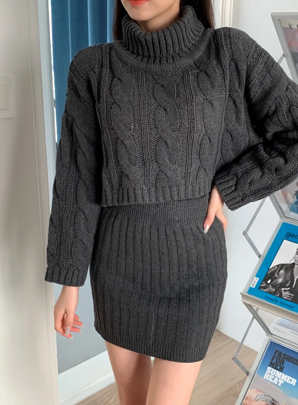 Cable Knit Turtleneck Top and Mini Skirt Set J31