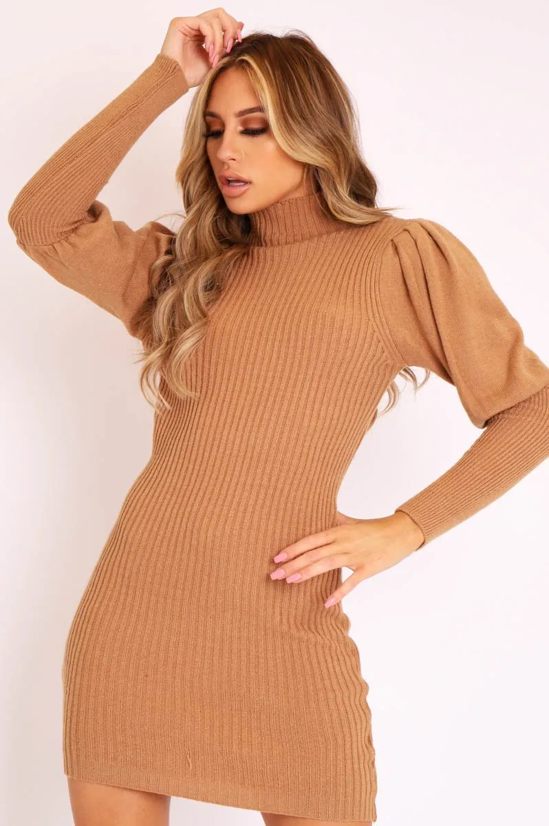 Camel High Neck Balloon Sleeve Knitted Dress - Ginna