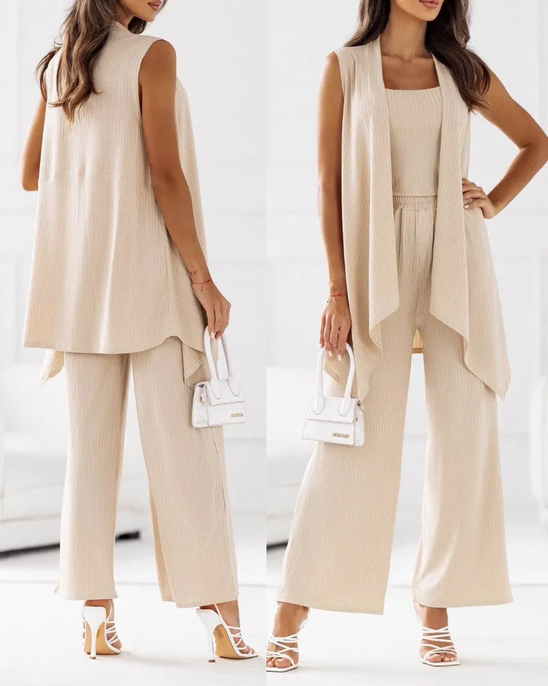 Cami Top & Flared Leg Pants Set With Coat