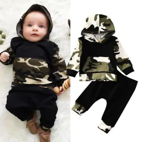 Camouflage Hooded Cotton Tops and Pants Outfits Set