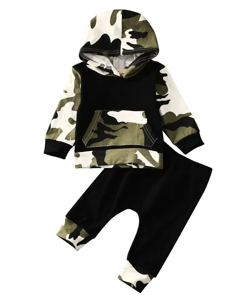 Camouflage Hooded Cotton Tops and Pants Outfits Set