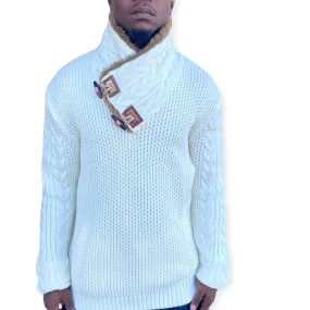 Cream Shawl Collar Sweater with Double Buckle