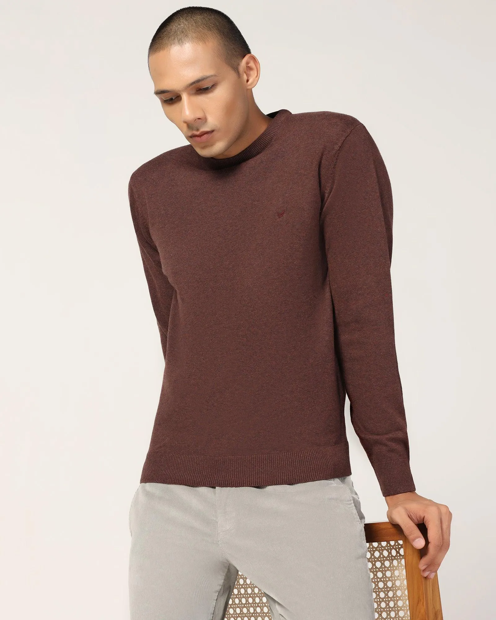 Crew Neck Brown Solid Sweater - Harley