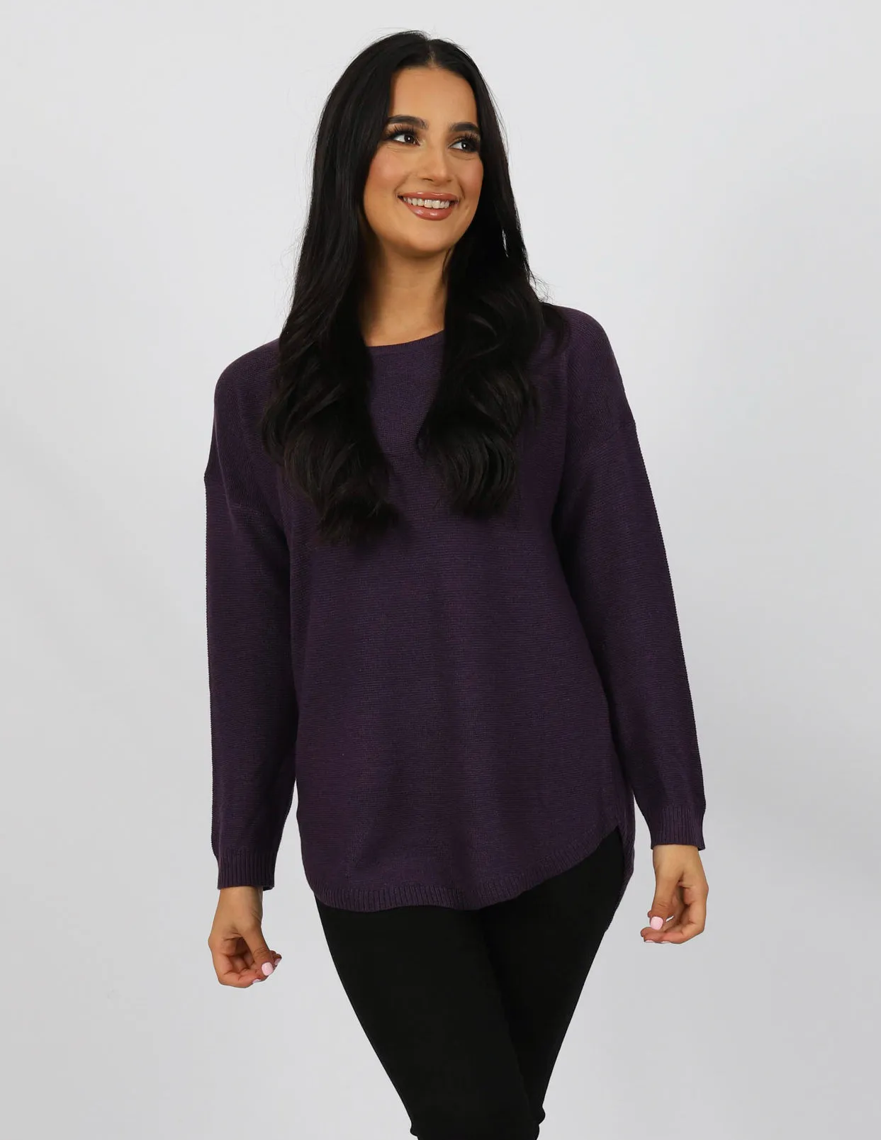 Curved Hem Pullover Knit Top - Dark Shades