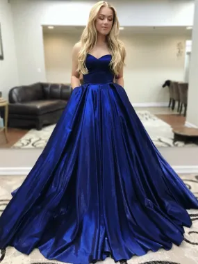 Custom Made Sweetheart Neck Satin Pleats Royal Blue Prom with Pockets, Royal Blue Formal, Evening