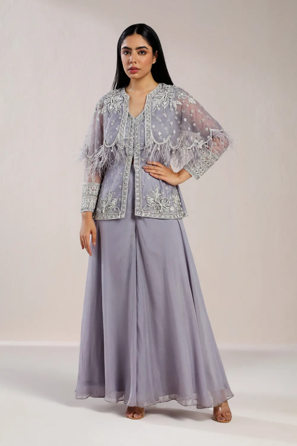 Dark Lavender White Dori Embroidered Cape Set