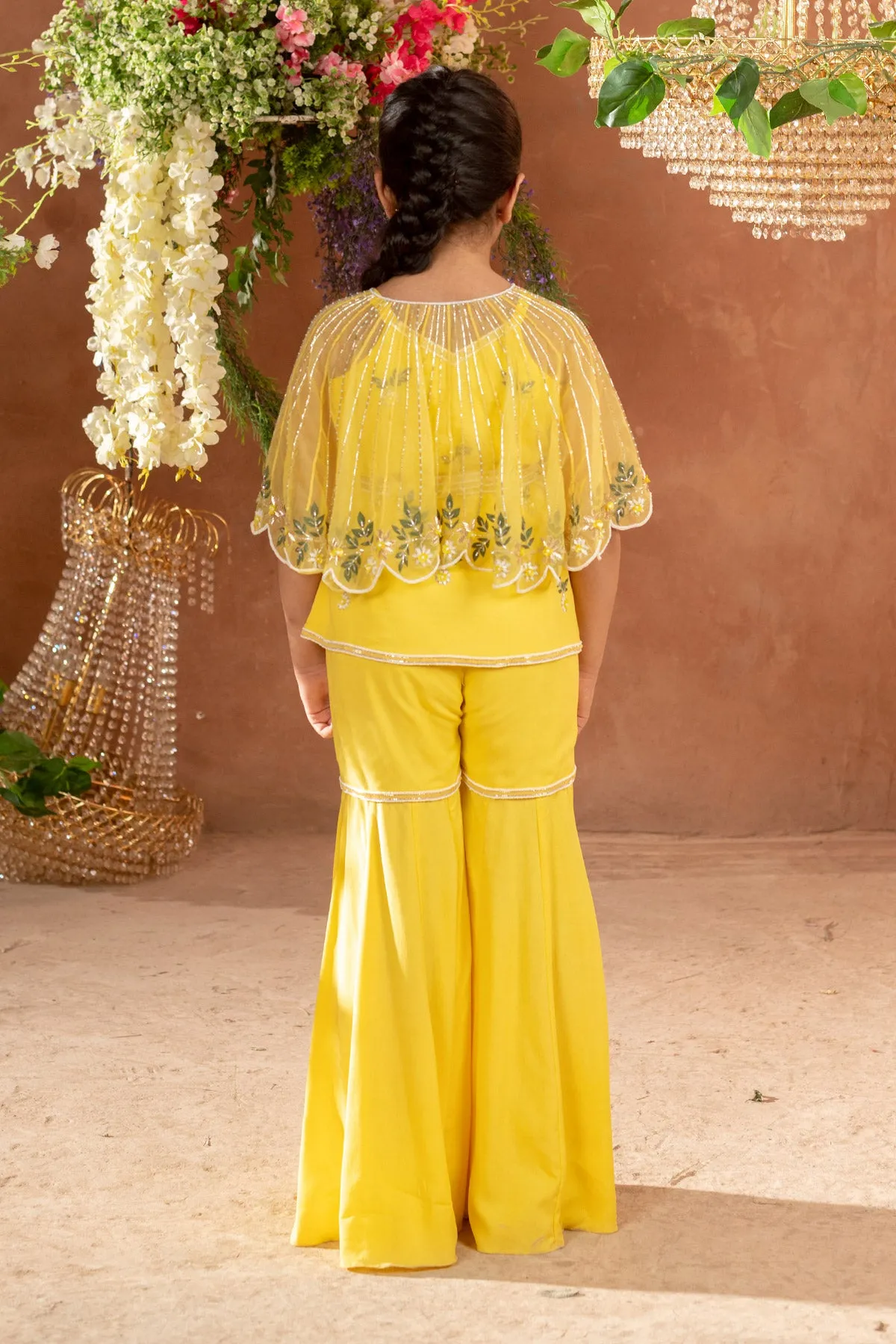 DILKUSH - Embroidered Vortex Yellow Sharara Cape Set of 4