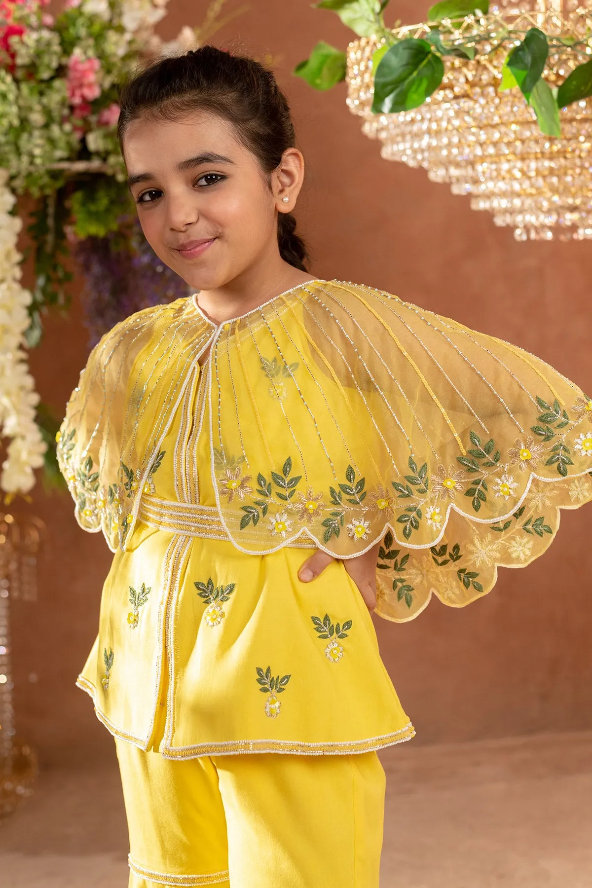 DILKUSH - Embroidered Vortex Yellow Sharara Cape Set of 4