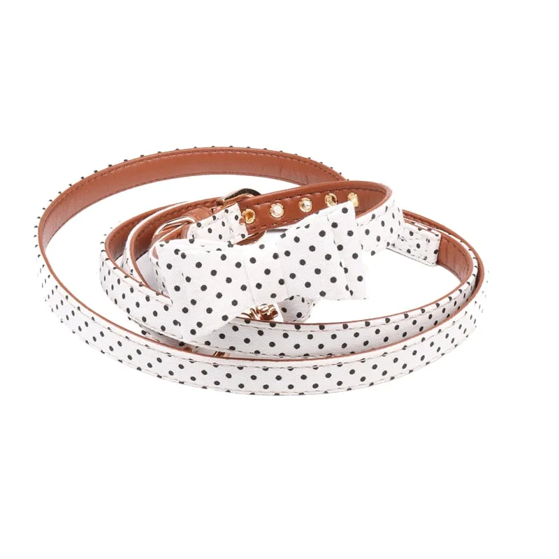 Dot Small Dog Collar Bandana Soft Leather Dog Leash Cute Bow Cat Collar Pet Teacup Chihuahua Collar Leash Lead