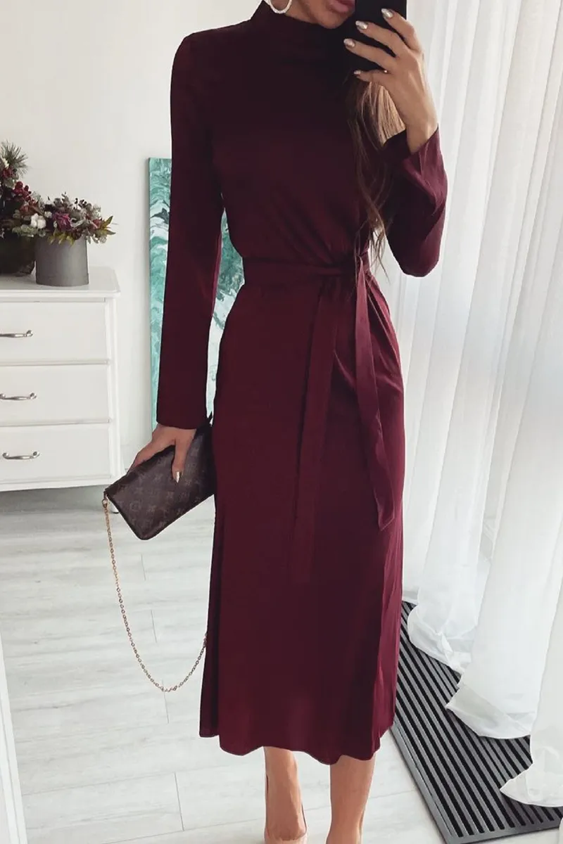 Dunnmall Elegant Solid Split Joint With Belt Turtleneck Waist Skirt Dresses