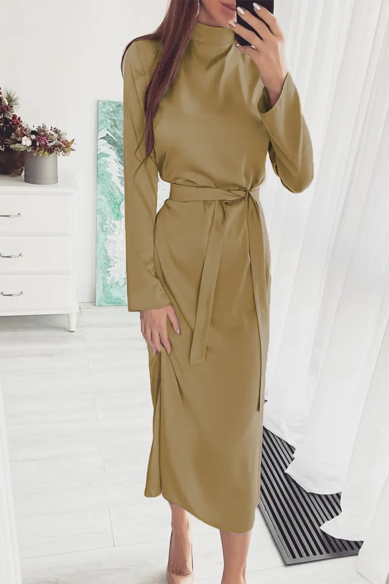 Dunnmall Elegant Solid Split Joint With Belt Turtleneck Waist Skirt Dresses