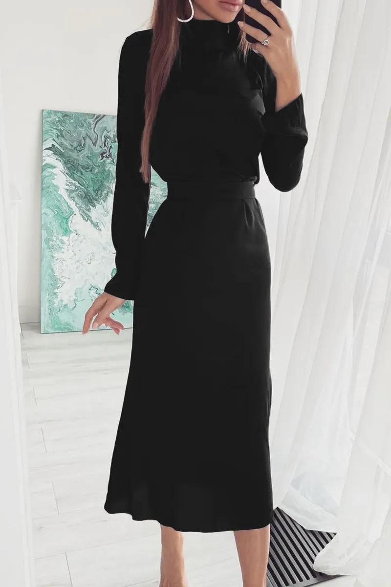 Dunnmall Elegant Solid Split Joint With Belt Turtleneck Waist Skirt Dresses