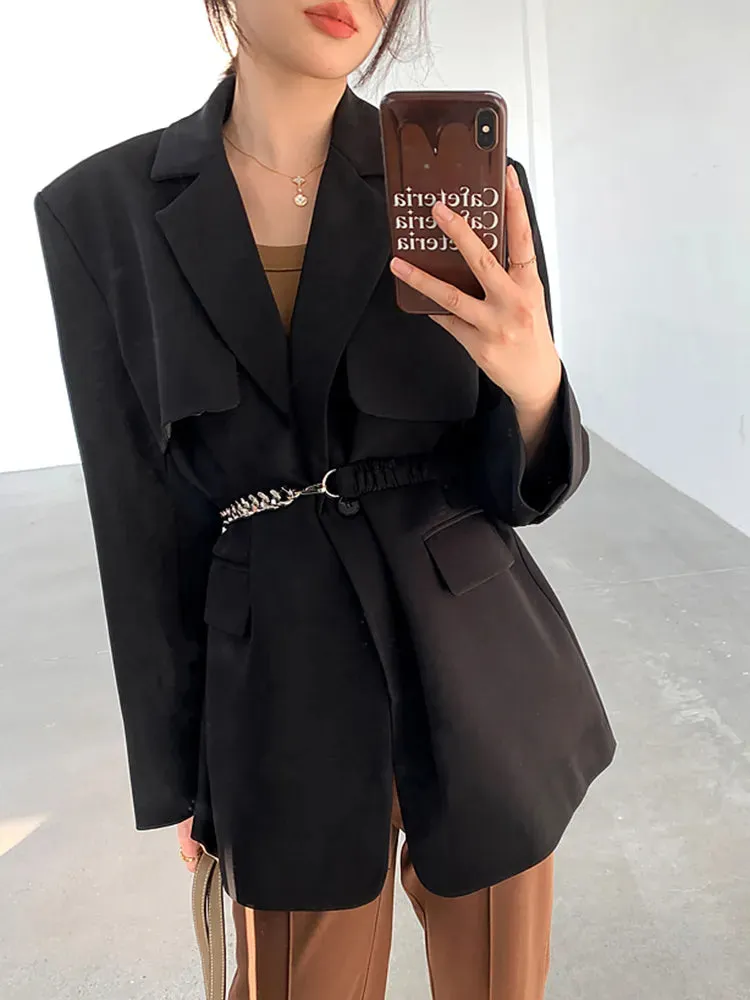 Elegant Black Blazer For Women Notched Collar Long Sleeve Patchwork Chain Solid Blazers Female Autumn Clothing