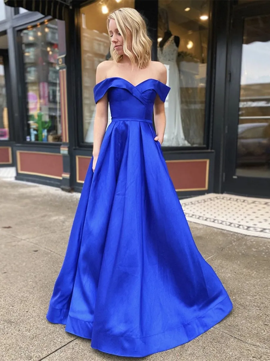 Elegant Off Shoulder Royal Blue Long Prom with Slit, Off Shoulder Royal Blue Formal, Royal Blue Evening