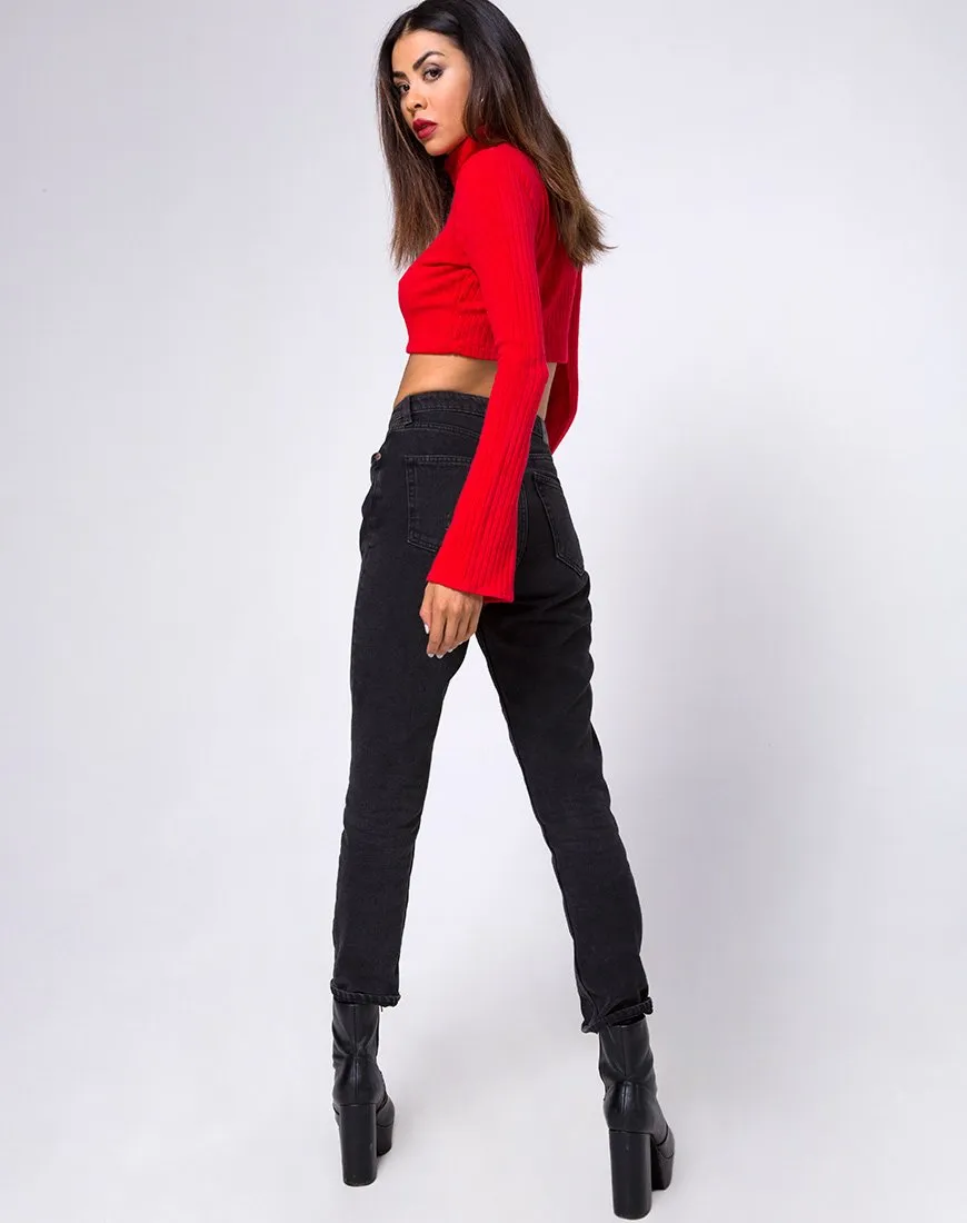 Elena Crop Top in Rib Knit Red