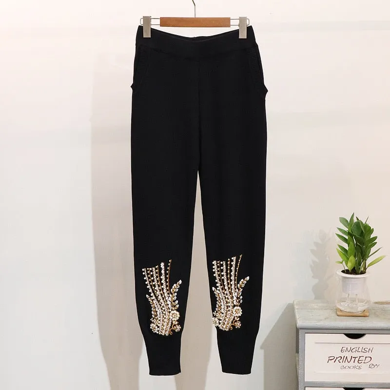 Embellished Knitted Pullover Sweater and Pants Set