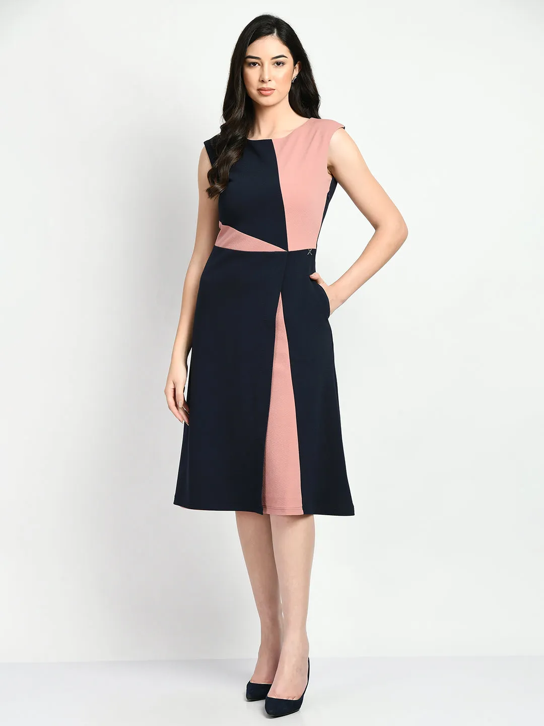 Exude Elegance Colour Blocked A-line Wrap Dress (Navy   Pink)