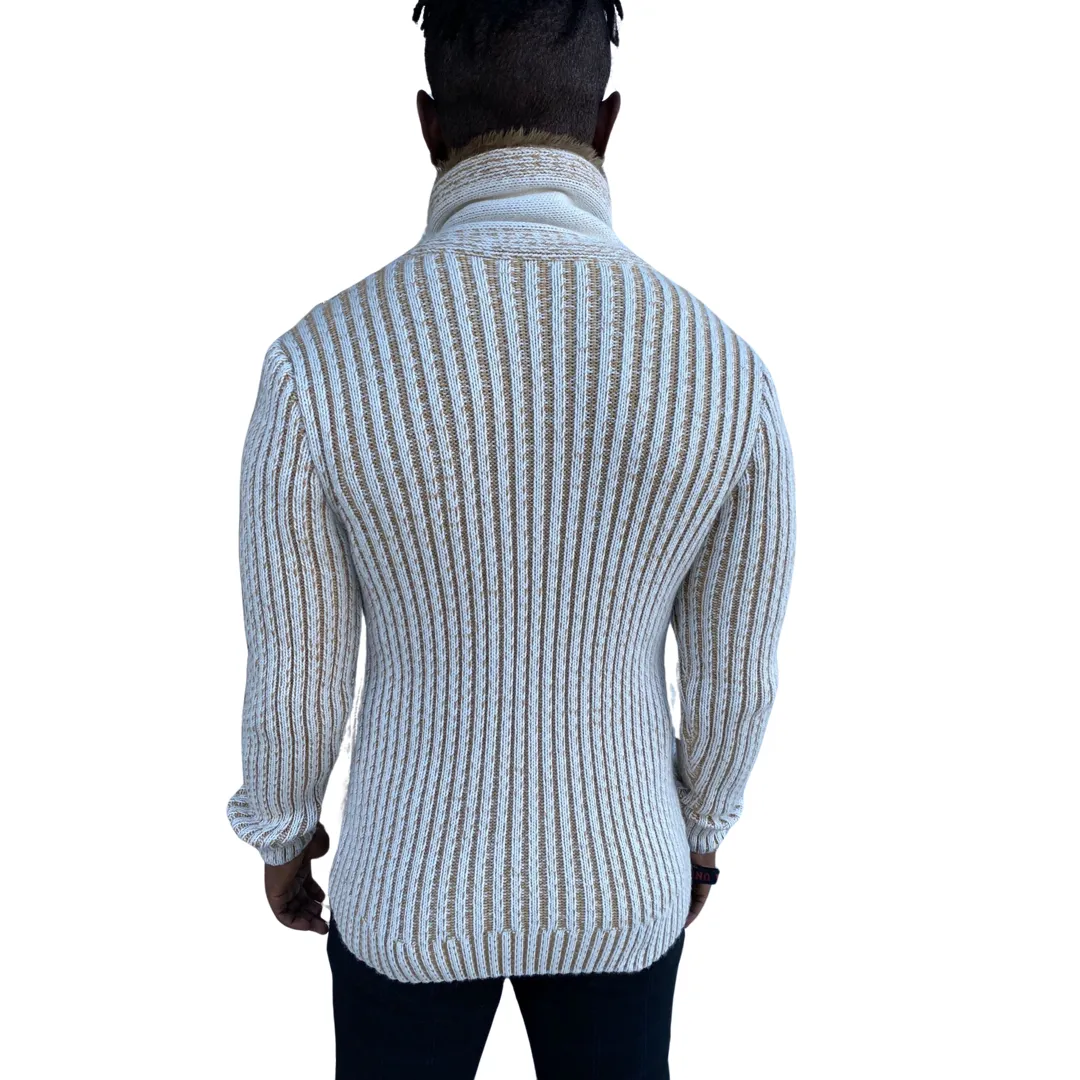 [Ezra] Cream Men's Shawl Collar Sweater with Buckles and Leather Buttons