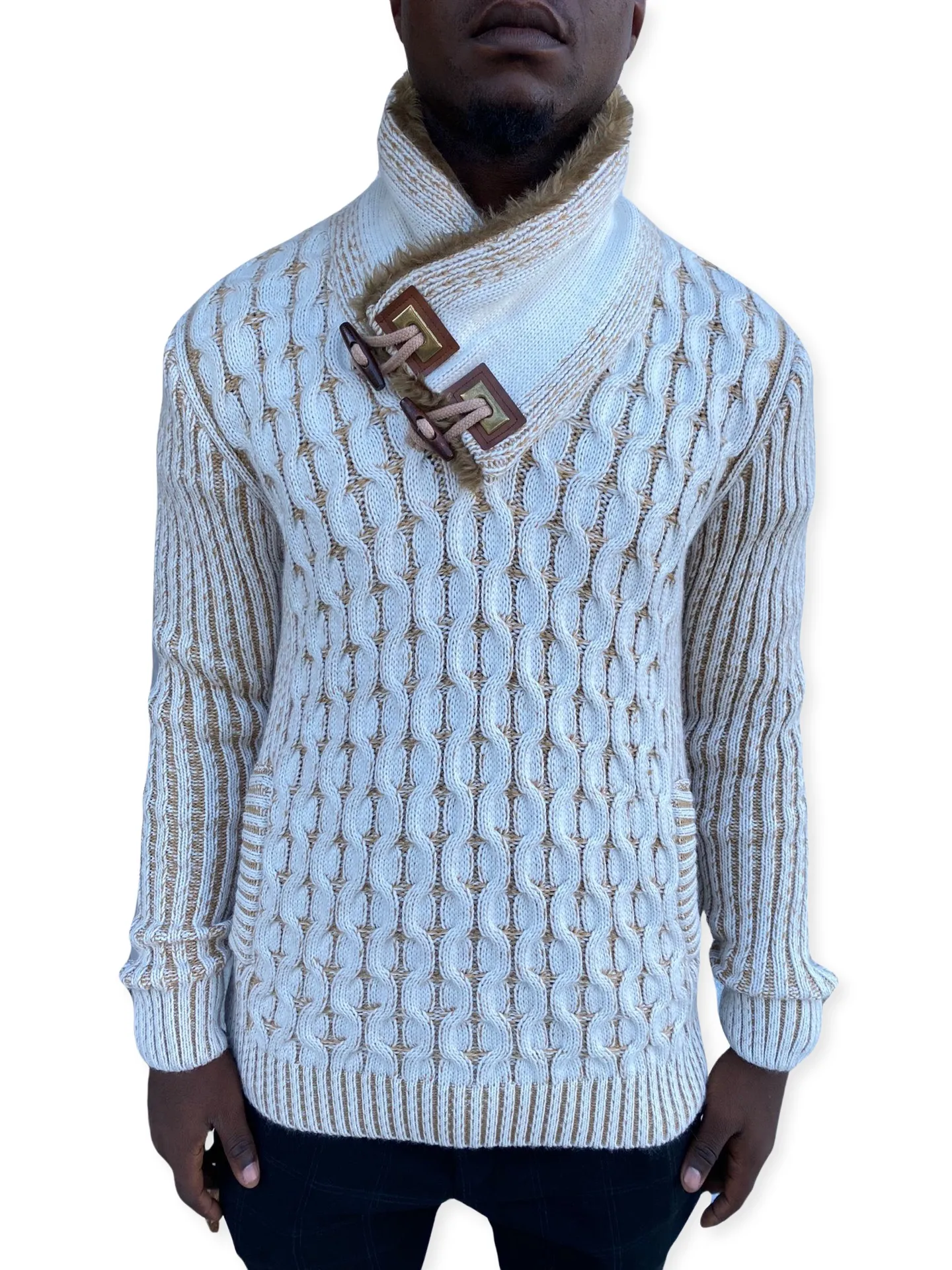 [Ezra] Cream Men's Shawl Collar Sweater with Buckles and Leather Buttons