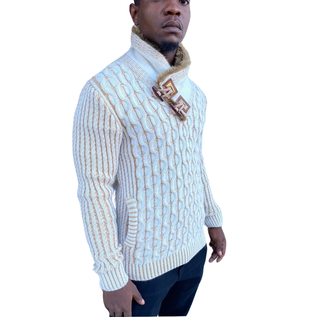 [Ezra] Cream Men's Shawl Collar Sweater with Buckles and Leather Buttons