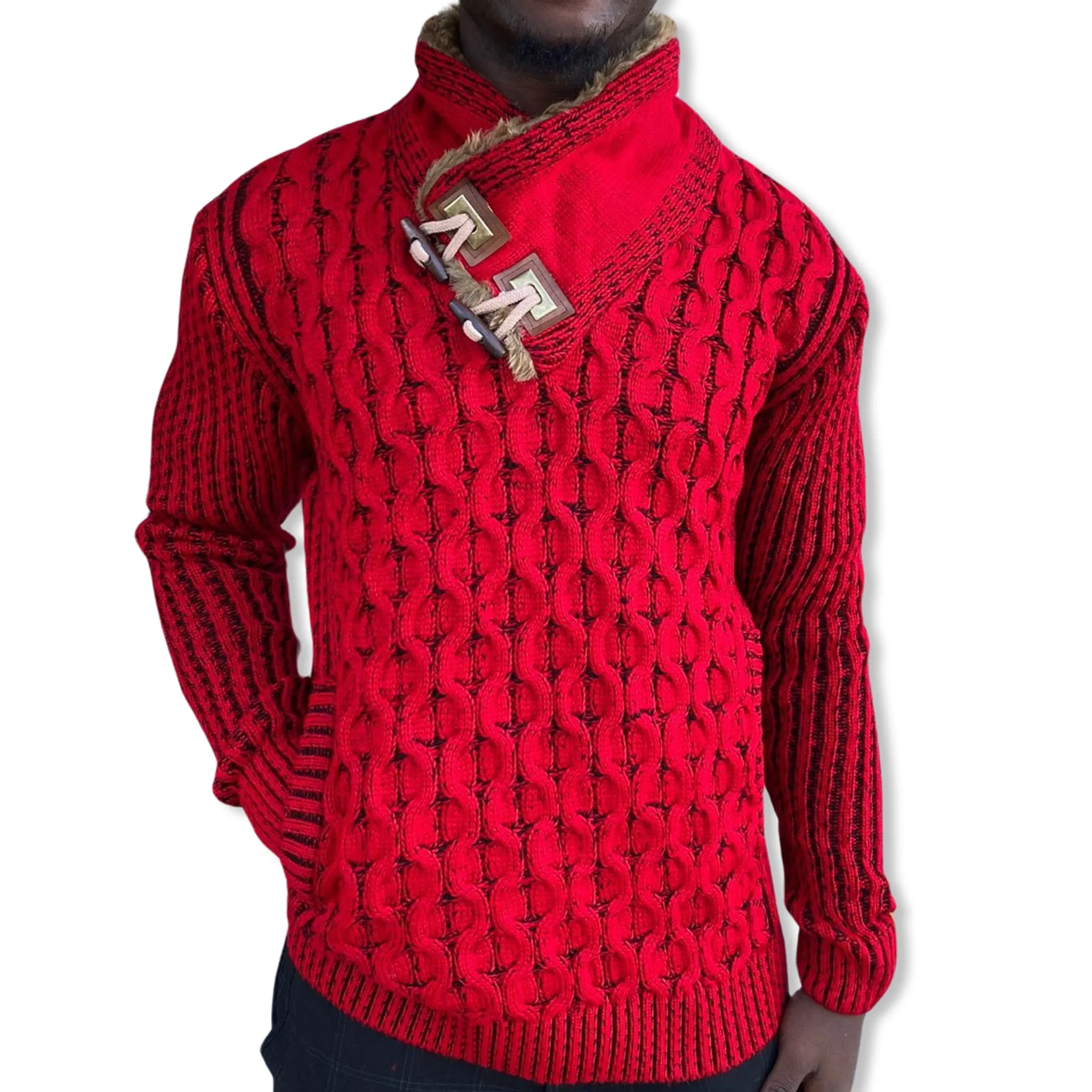 [Ezra] Red Men's Shawl Collar Sweater with Buckles and Leather Buttons