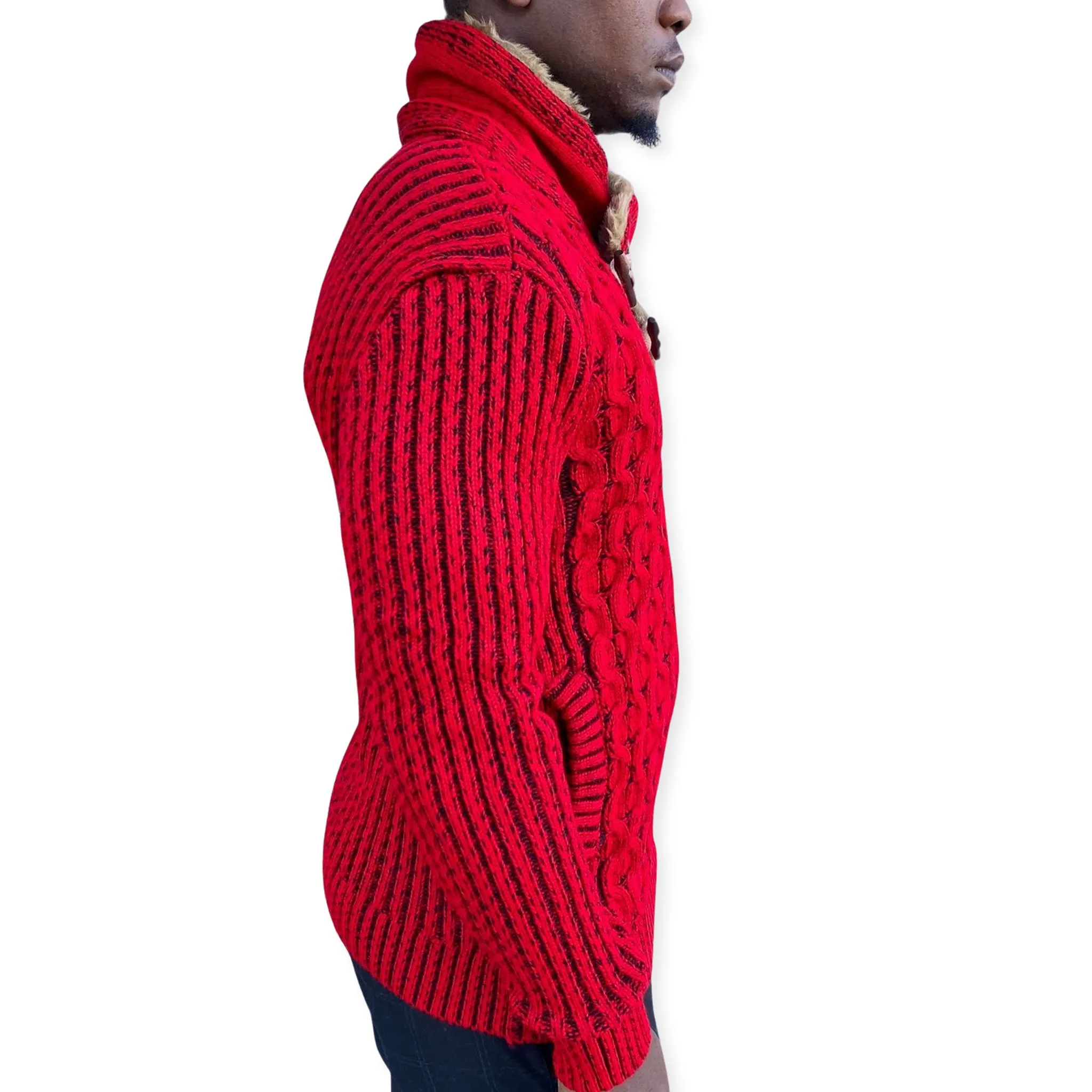 [Ezra] Red Men's Shawl Collar Sweater with Buckles and Leather Buttons