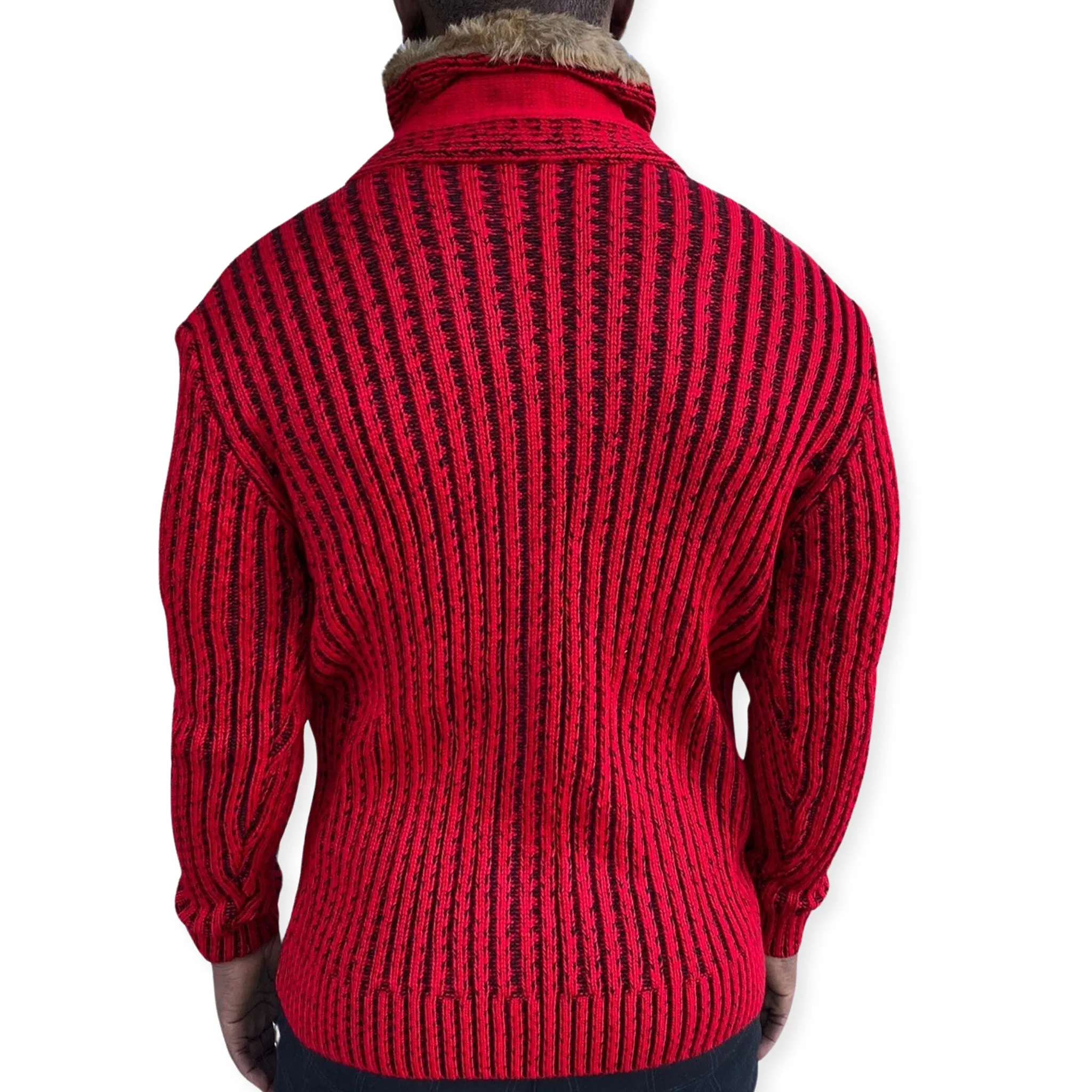 [Ezra] Red Men's Shawl Collar Sweater with Buckles and Leather Buttons