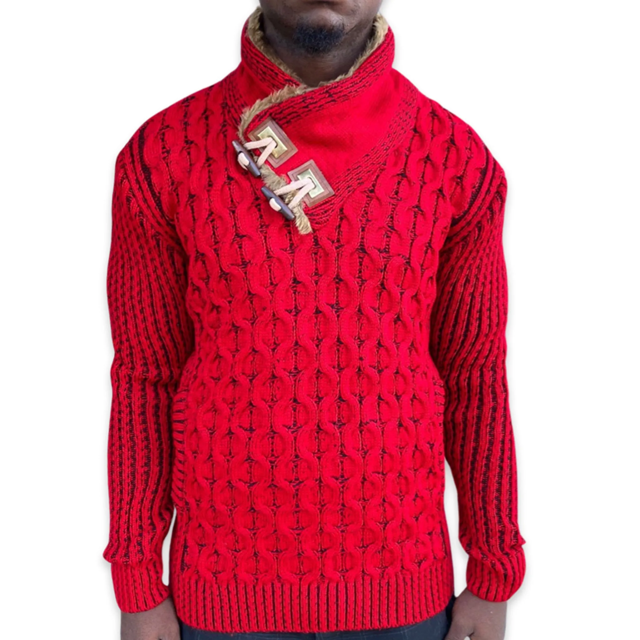 [Ezra] Red Men's Shawl Collar Sweater with Buckles and Leather Buttons