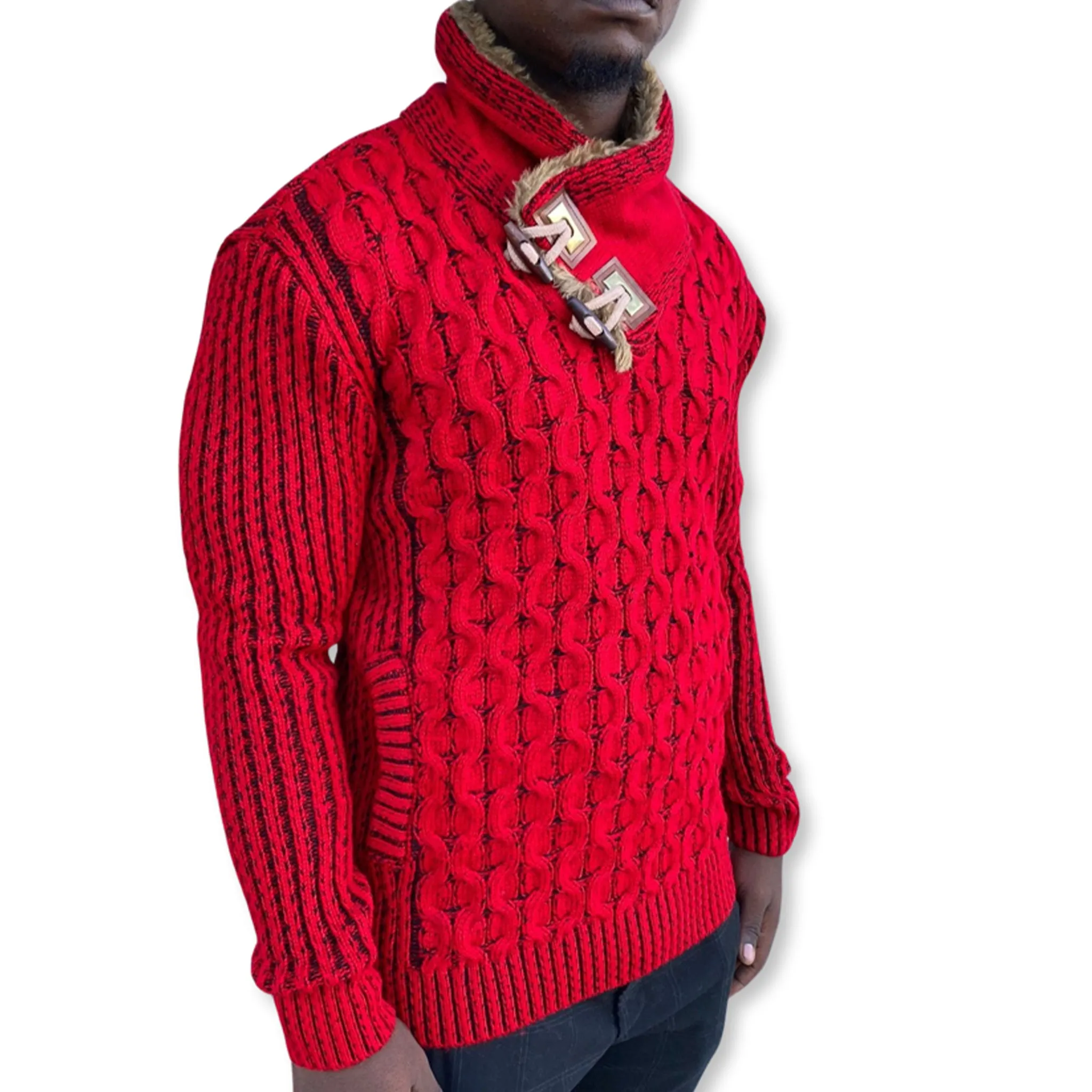 [Ezra] Red Men's Shawl Collar Sweater with Buckles and Leather Buttons