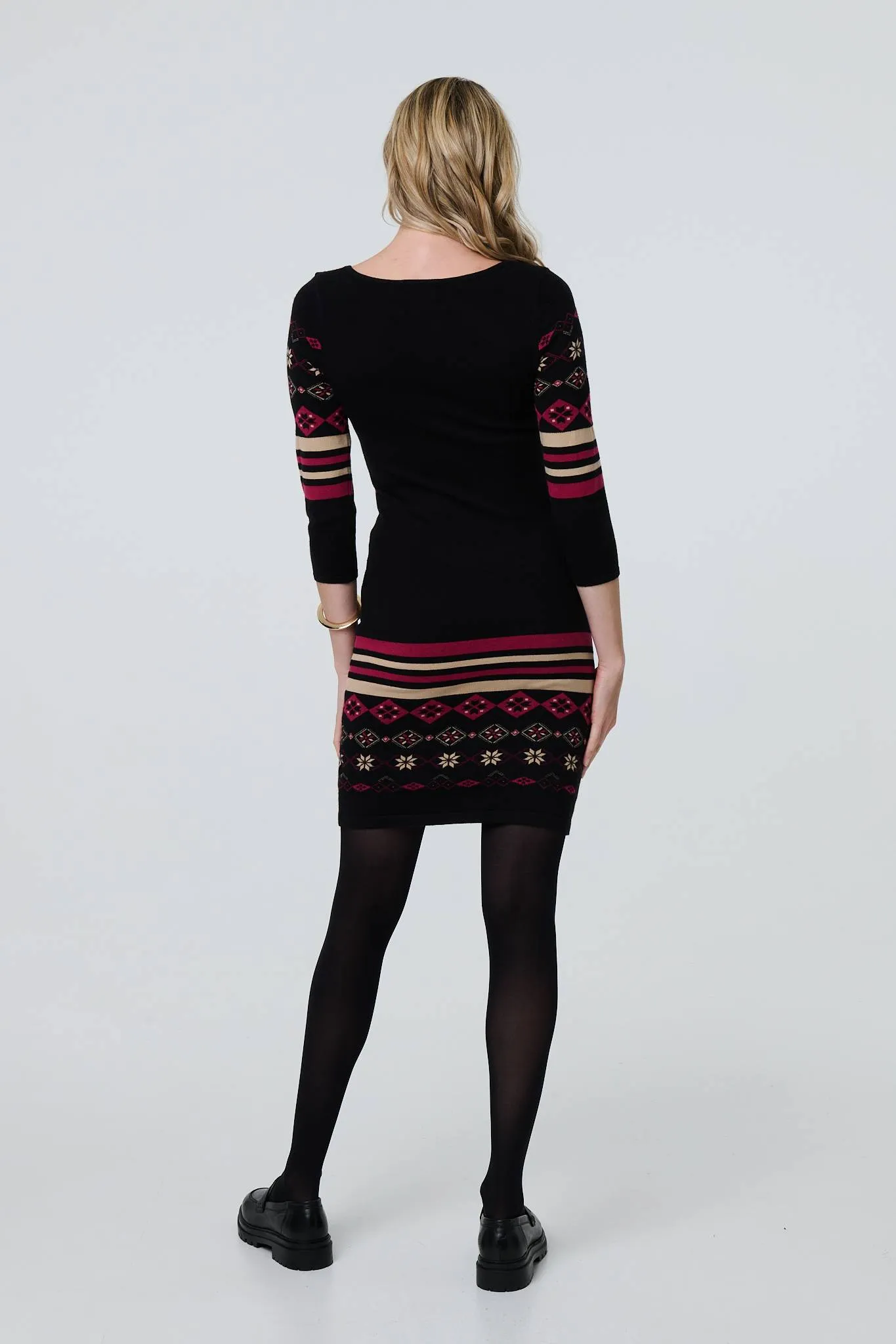 Fair Isle Striped 3/4 Sleeve Short Dress