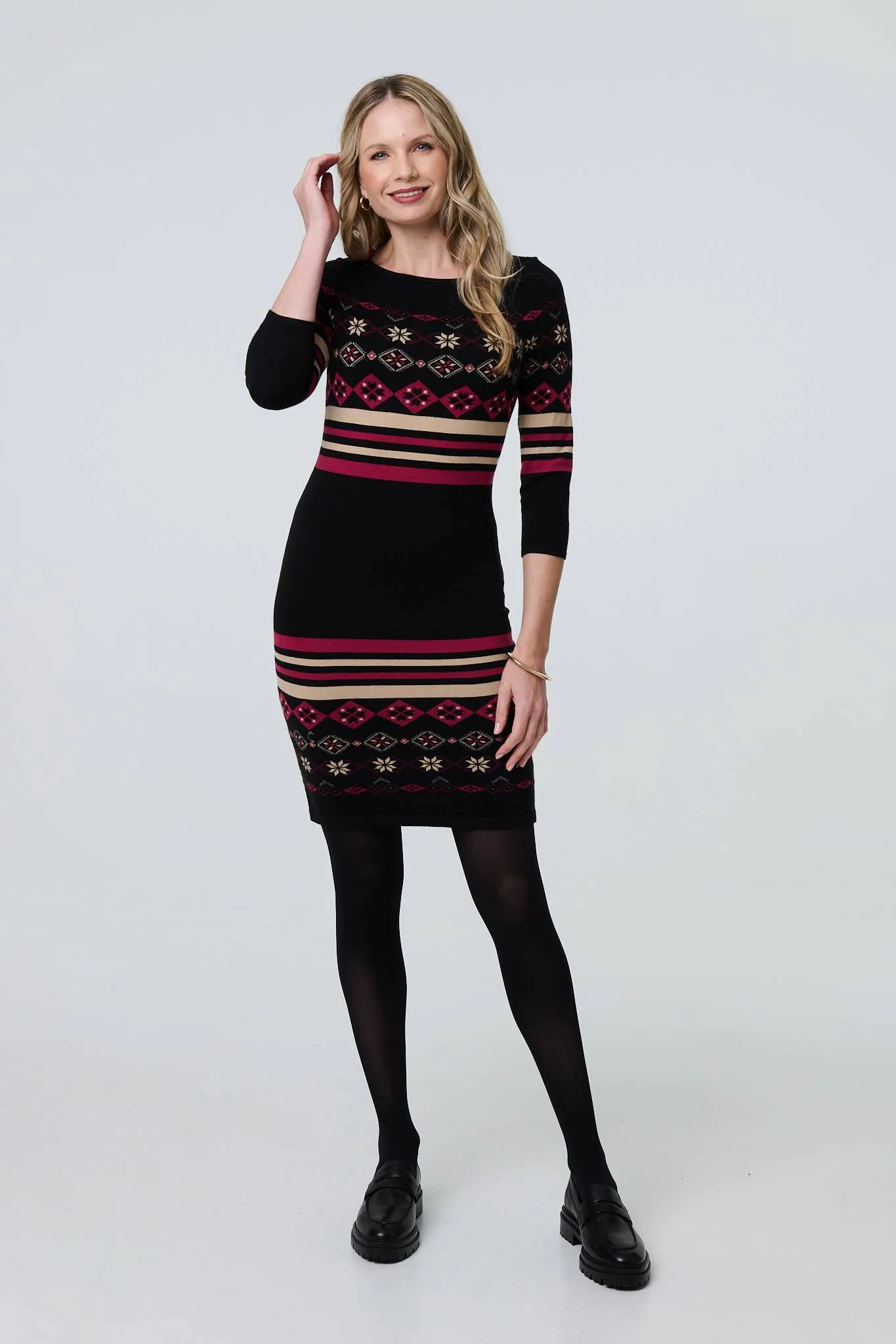 Fair Isle Striped 3/4 Sleeve Short Dress