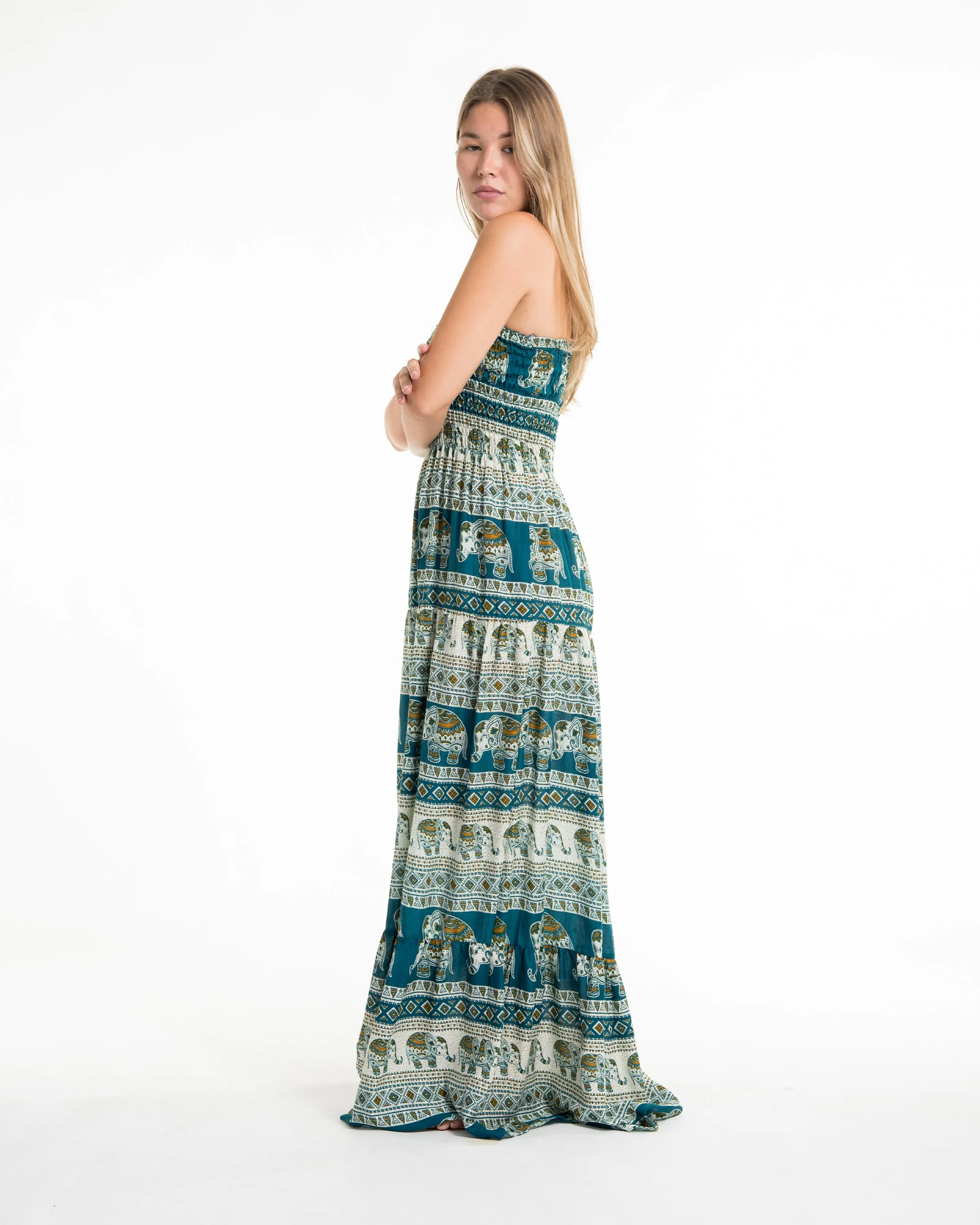 Festive Elephants Smocked Maxi Dress in Teal