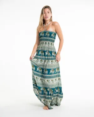 Festive Elephants Smocked Maxi Dress in Teal