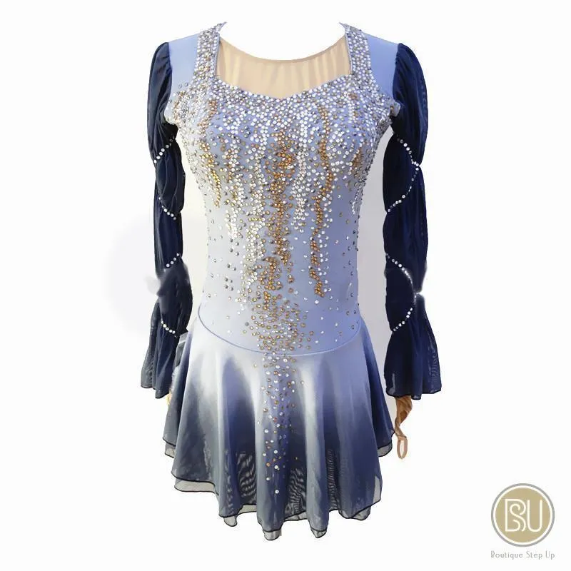 Figure Skating Dress Grey Navy Ombre or Black with Crystals Long Sleeves BSU170322