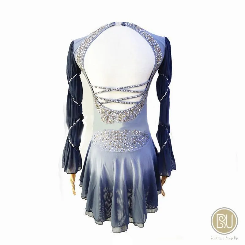 Figure Skating Dress Grey Navy Ombre or Black with Crystals Long Sleeves BSU170322