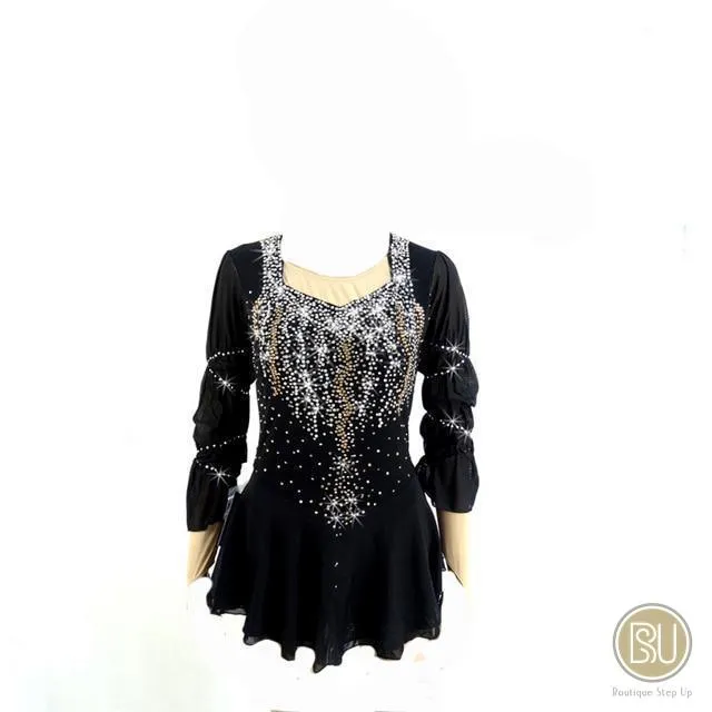 Figure Skating Dress Grey Navy Ombre or Black with Crystals Long Sleeves BSU170322