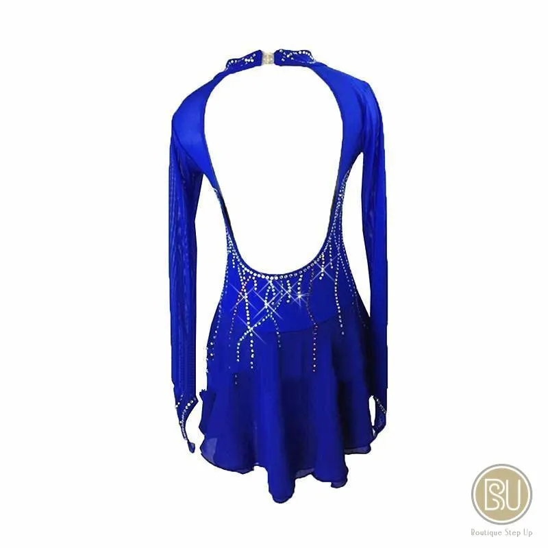 Figure Skating Dress Royal Blue V Neckline Long Sleeves