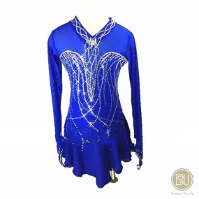 Figure Skating Dress Royal Blue V Neckline Long Sleeves