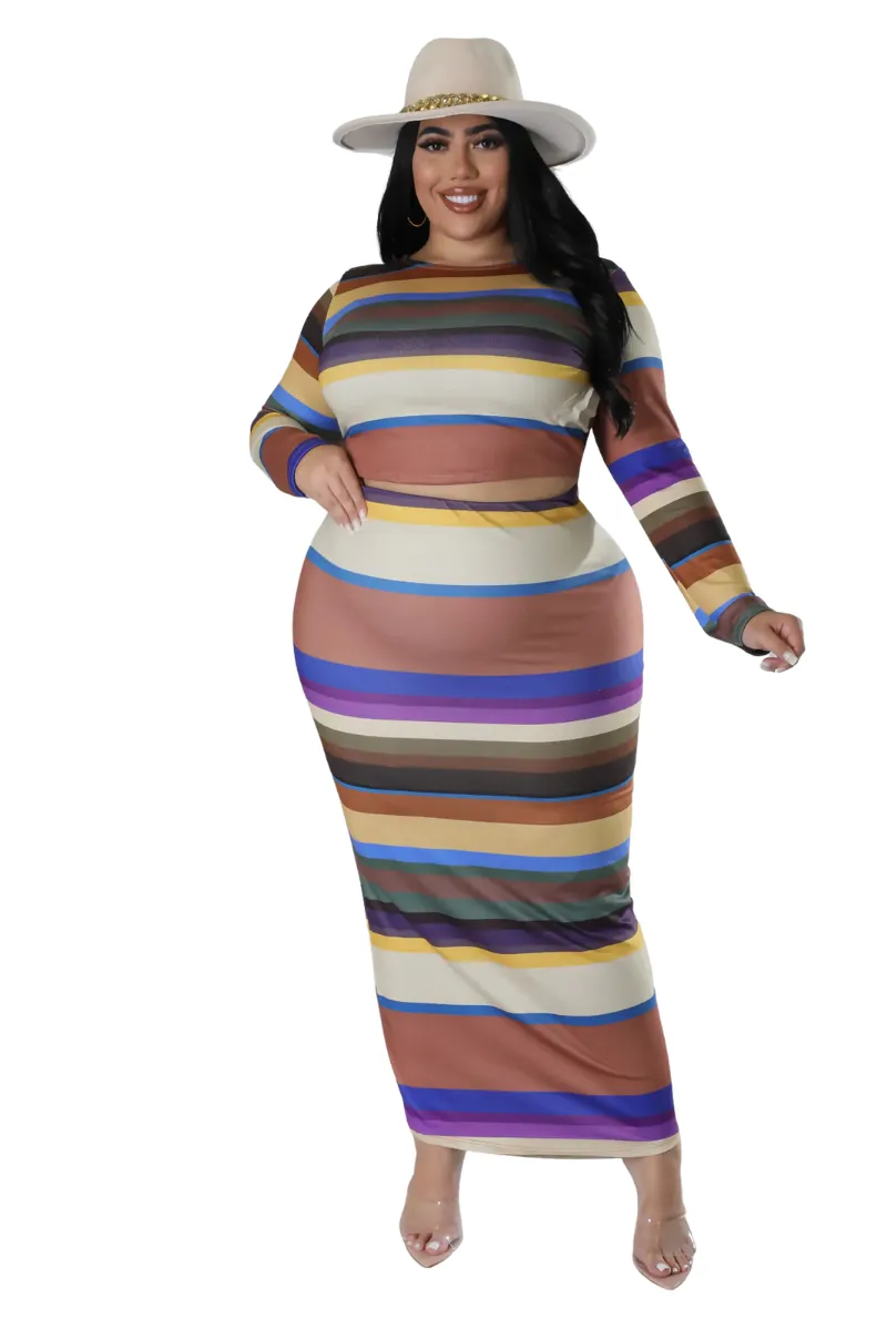 Final Sale Plus Size 2pc Long Sleeve Crop Top and Skirt Set in Multi Color Stripe Print