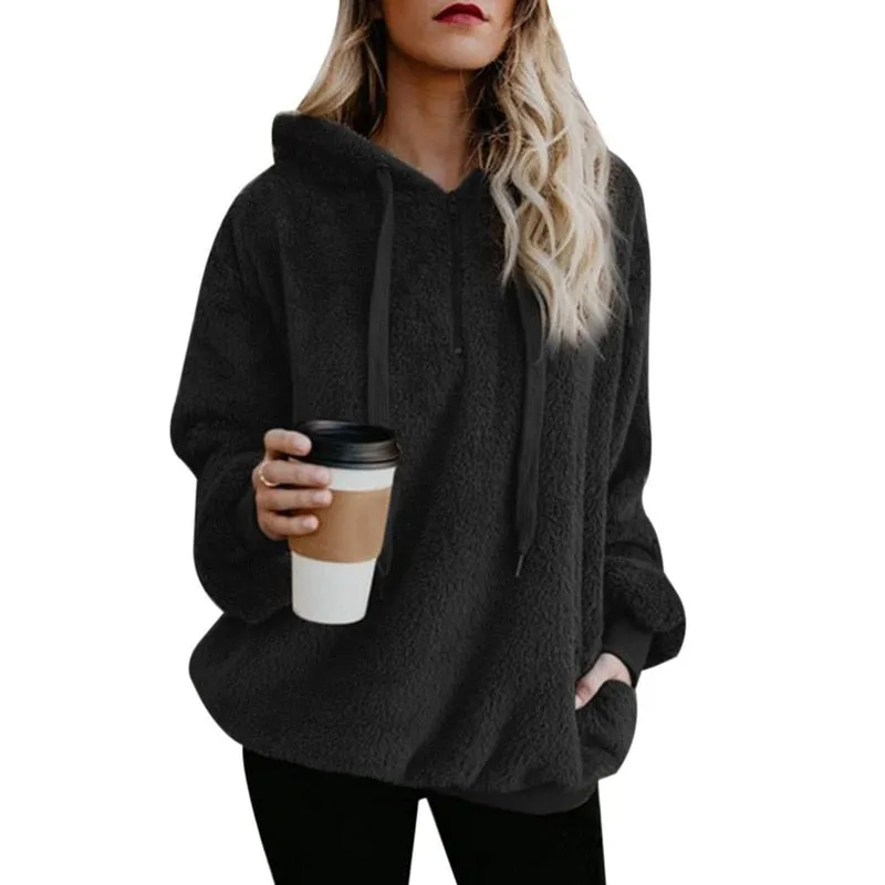 Fleece Long Sleeve Hooded Pullover Sweatshirt Autumn Winter Warm Zipper Pocket Fur Coat For Women