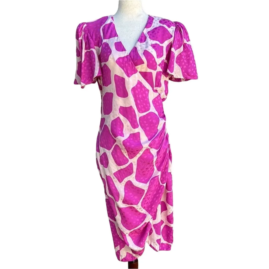 Flora Kung Vintage Silk Pink Abstract Print Side Ruched Dress With Puff Sleeves