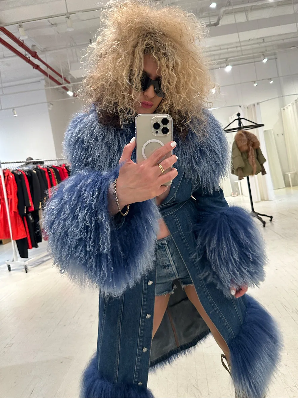 Fluffy Faux Fur Denim Coat