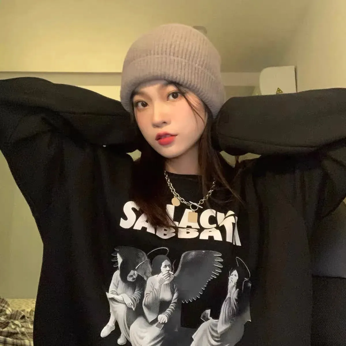 Flytonn-Retro sports style outfit streetwear 90s fashion Calelinka Black Sabbath Rock Band Print Street Style Women Sweatshirts Autumn Loose Thick Pullover Funny Graphic Gothic Jumper