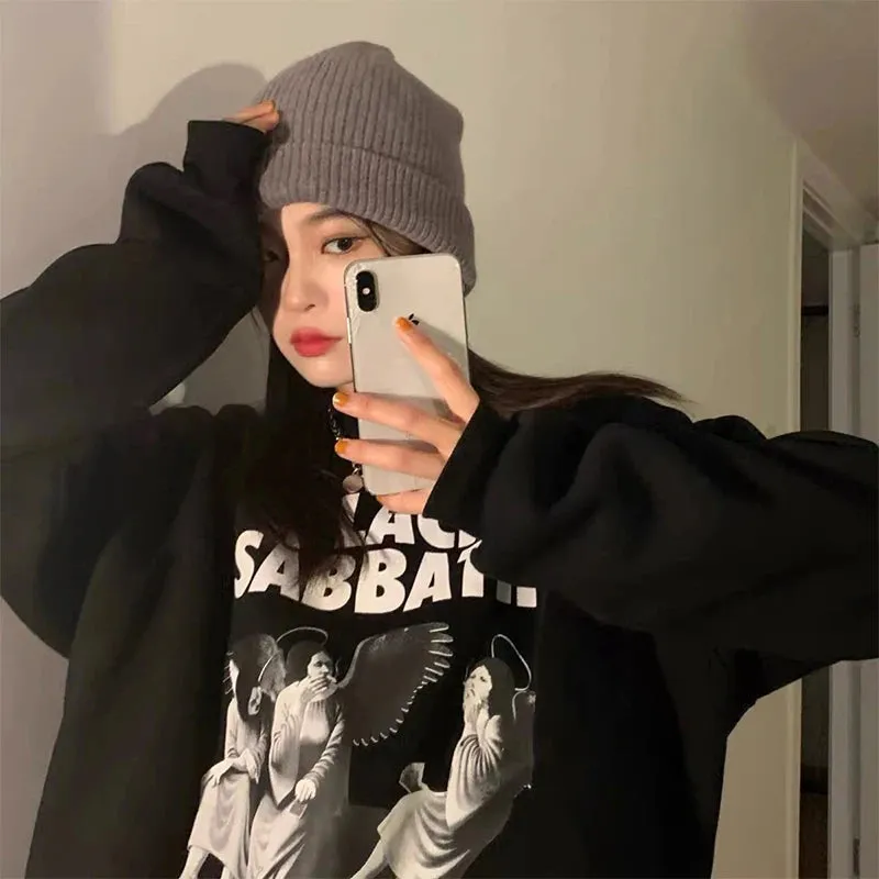 Flytonn-Retro sports style outfit streetwear 90s fashion Calelinka Black Sabbath Rock Band Print Street Style Women Sweatshirts Autumn Loose Thick Pullover Funny Graphic Gothic Jumper